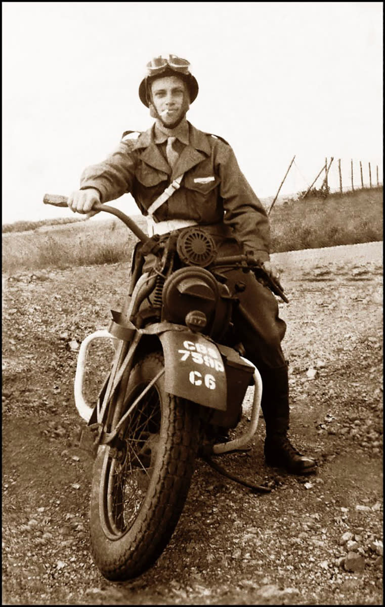 Pfc Norman Riggsby sitting on his Harley Davidson during the European campaign. After receiving wounds in Normandy, Riggsby transferred to the Military Police. | The National WWII Museum