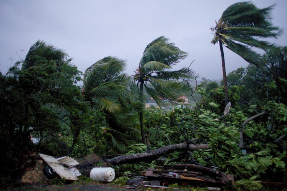 A picture taken on Sept. 19, 2017, shows the powerful winds and rains of Maria battering Petit-Bourg, Guadeloupe.