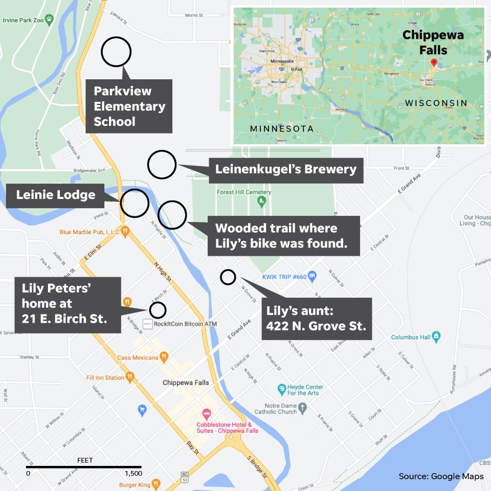 Locations in the murder of Lily Peters.