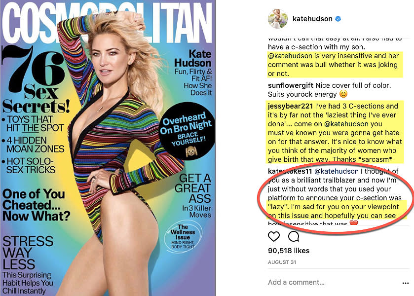 “I used to think you were amazing, Kate Hudson,” one mom commented. “Many of us had no choice for a C-section — we should all be supportive of one another rather than use words that shame.”<em> (Photo: Instagram/Twitter)</em>