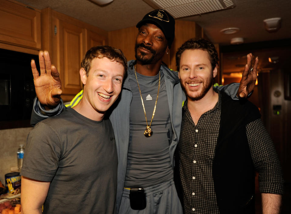 Facebook founder Mark Zuckerberg, rapper Snoop Dogg, and entrepreneur Sean Parker pose backstage at Sean Parker’s Celebration of Music on September 22, 2011 in San Francisco, California. (Photo: Kevin Mazur/WireImage)