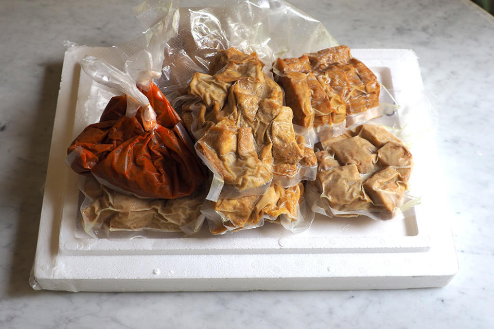 The snacks are frozen, vacuum packed and sent over in a foam box to your doorstep.