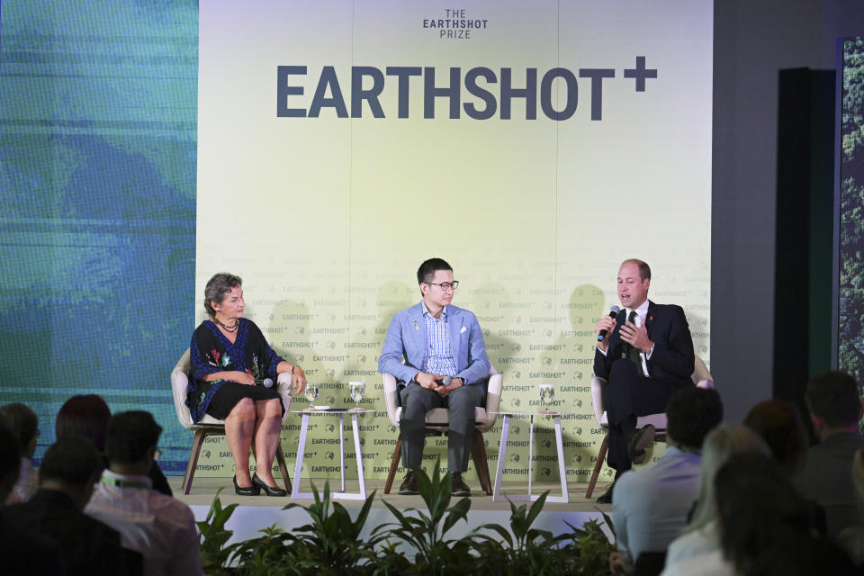 Britain's Prince William, right, takes part in a panel discussion on stage with Earthshot Prize trustee Christiana Figueres, left, Brandon Ng of Ampd Energy at the Earthshot+ Summit at Park Royal Pickering in Singapore, Wednesday, Nov. 8, 2023. William is on a four-day visit to Singapore, where he attended the Earthshot Prize that aims to reward innovative efforts to combat climate change. (Mohd Rasfan/Pool Photo via AP)