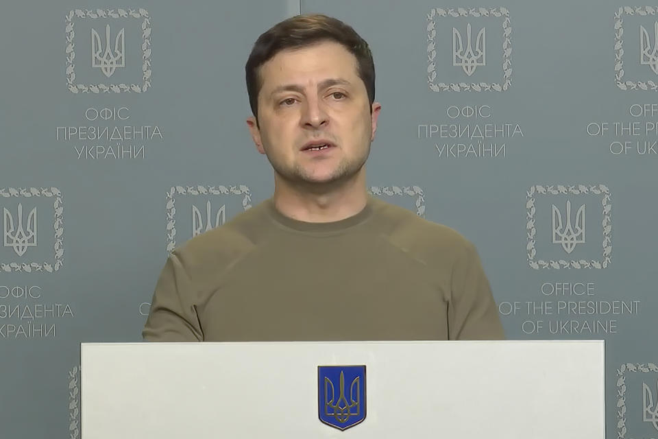 In this image from video provided by the Ukrainian Presidential Press Office, Ukrainian President Volodymyr Zelenskyy speaks from Kyiv, Ukraine, Feb. 24, 2022. The address came on the 1st day of the Russian invasion and war in Ukraine. (Ukrainian Presidential Press Office via AP)
