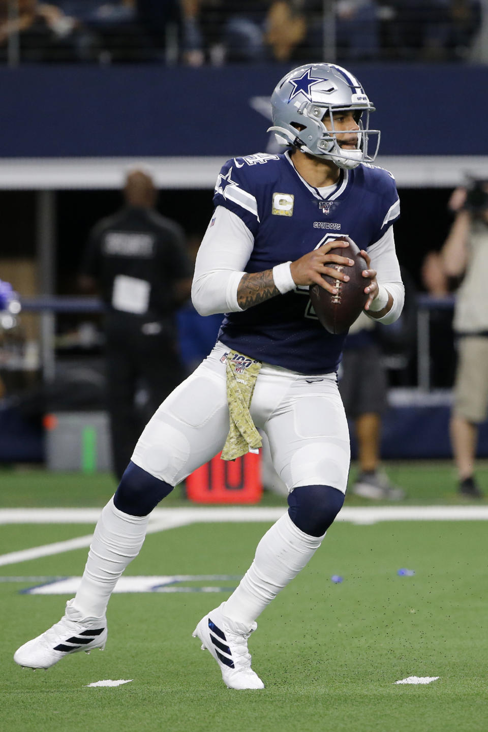 Dallas Cowboys quarterback Dak Prescott drops back to pass during the second half of the team's NFL football game against the Minnesota Vikings in Arlington, Texas, Sunday, Nov. 10, 2019. (AP Photo/Michael Ainsworth)