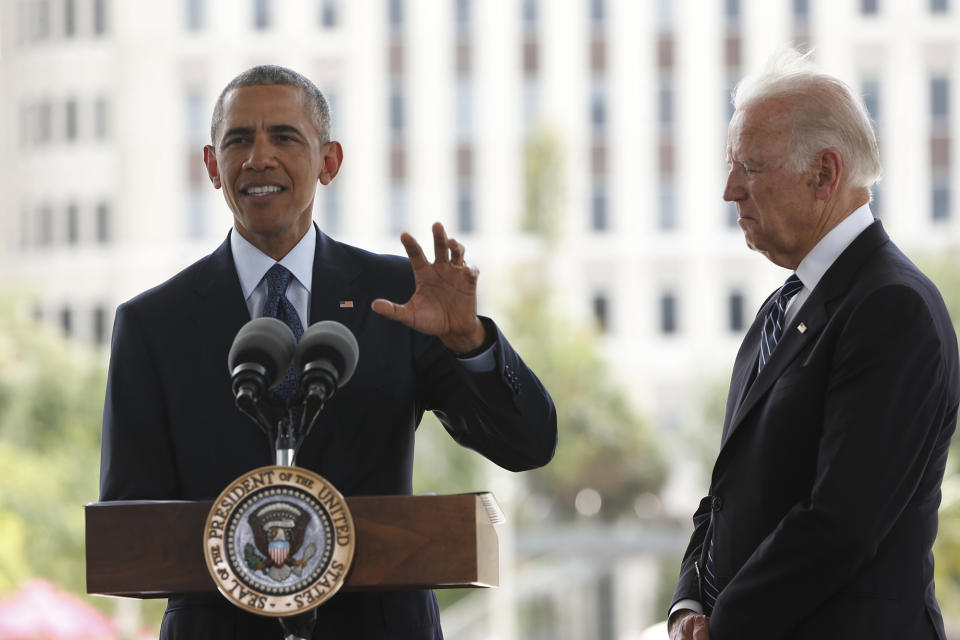 <p>President Obama, accompanied by Vice President Joe Biden, speaks at a memorial in Orlando, Fla., June 16, 2016, in memory of those killed in the shooting at a gay nightclub. (AP/Pablo Martinez Monsivais) </p>