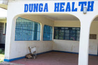 Goats lounge on the porch of a health clinic in Dunga beach near the city of Kisumu, Kenya April 18, 2017. REUTERS/Baz Ratner