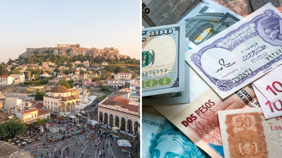 Aerial view of Athens and acropolis, pile of international currency. 