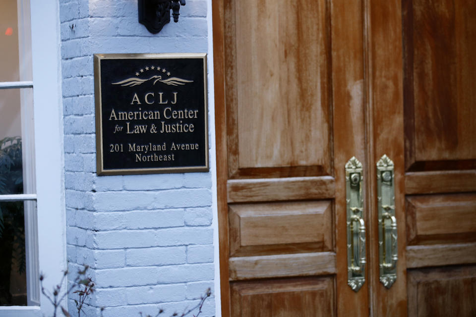 A sign marks the entrance to the American Center for Law and Justice, a non-profit Christian legal advocacy non-profit, Friday, Jan. 24, 2020, in Washington. Jay Sekulow, one of President Donald Trump’s lead attorneys during the impeachment trial, is registered as chief counsel at the ACLJ. (AP Photo/Patrick Semansky)