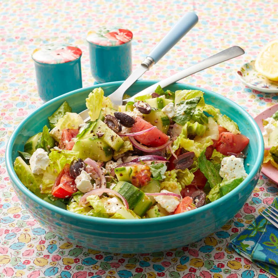 easter side dishes greek salad in blue bowl