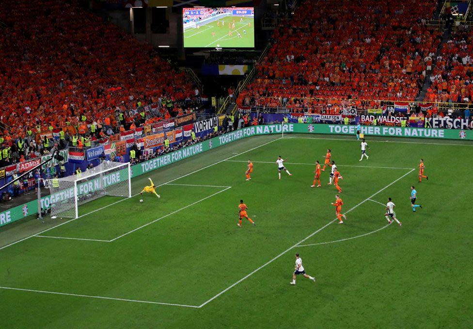 England's Ollie Watkins scores a last-minute goal in a Euro semi-final football match against the Netherlands