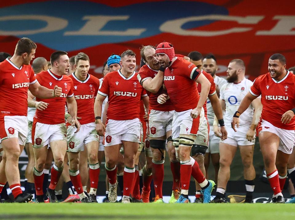 Wales players celebrate their victory over EnglandGetty Images