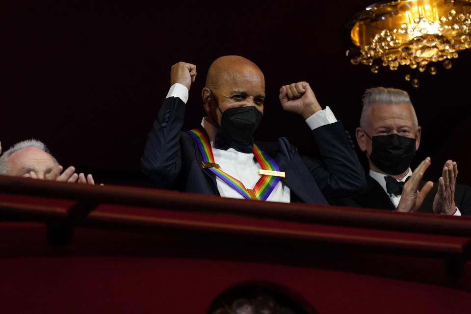 Motown Records creator Berry Gordy gestures as he arrives at the 44th Kennedy Center Honors at the John F. Kennedy Center for the Performing Arts in Washington, Sunday, Dec. 5, 2021. The 2021 Kennedy Center honorees include Gordy, "Saturday Night Live" mastermind Lorne Michaels, actress-singer Bette Midler, opera singer Justino Diaz and folk music legend Joni Mitchell. (AP Photo/Carolyn Kaster)