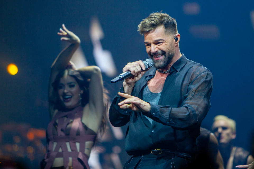 Ricky Martin waves to a fan at the Trilogy Tour at the Footprint Center in Phoenix, Arizona. The Trilogy Tour featuring Martin, Enrique Iglesias and Pitbull will make a stop at Acrisure Arena in Palm Desert, Calif., on Feb. 2, 2024.