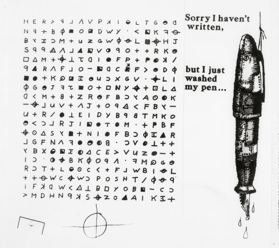 A cipher from the Zodiac Killer containing a grid of coded symbols