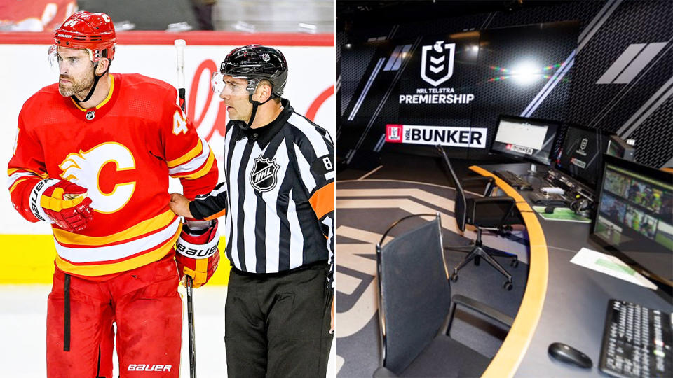 Pictured right, the NRL's bunker and an NHL match on the left.