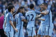 Britain Football Soccer - Manchester City v Hull City - Premier League - Etihad Stadium - 8/4/17 Manchester City's Sergio Aguero celebrates scoring their second goal with teammates Action Images via Reuters / Ed Sykes Livepic