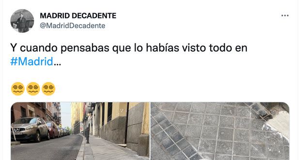 Va caminando por Madrid y deja sin habla a muchos con lo que se encuentra en la acera. (Photo: TWITTER: MADRID DECADENTE)