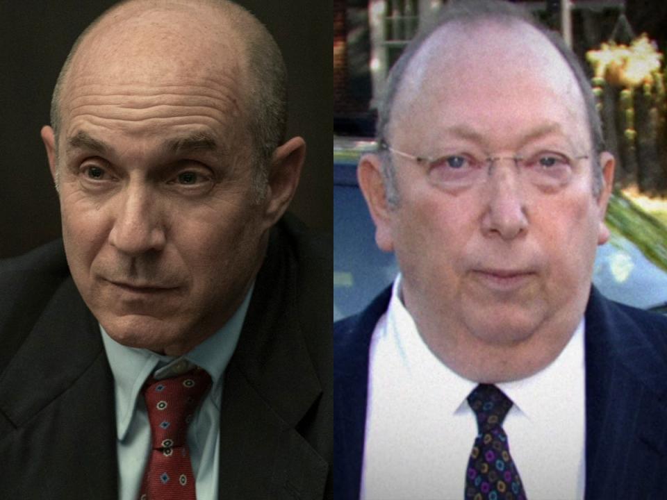 A side-by-side image of Brian Markinson as Howard Udell on Netflix's "Painkiller," and the real-life Howard Udell, as shown on HBO's docuseries "Crime of the Century."