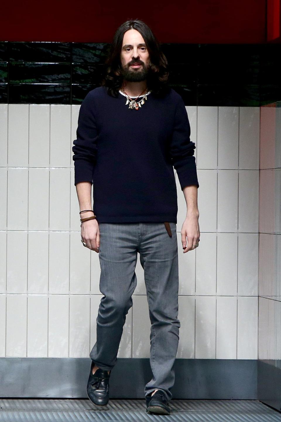 Designer Alessandro Michele acknowledges the applause of the audience after the Gucci show during the Milan Fashion Week Autumn/Winter 2015 on February 25, 2015 in Milan, Italy (Getty Images)