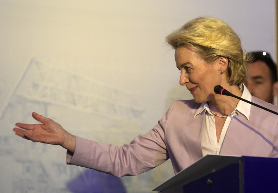 EU Commission President Ursula von der Leyen speaks after the signing of a deal to increase liquified natural gas sales to EU countries, who aim to reduce dependence on supply from Russia as the war in Ukraine drags on, in Cairo, Egypt, Wednesday, June 15, 2022. (AP Photo/Amr Nabil)