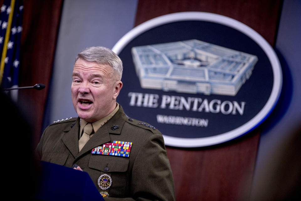 U.S. Central Command Commander Marine Gen. Kenneth McKenzie speaks, Wednesday, Oct. 30, 2019, at a joint press briefing at the Pentagon in Washington on the Abu Bakr al-Baghdadi raid. (AP Photo/Andrew Harnik)