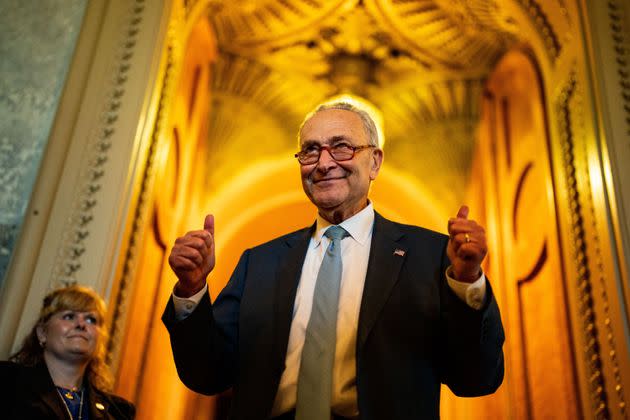 Senate Majority Leader Chuck Schumer celebrates the Democrats' 