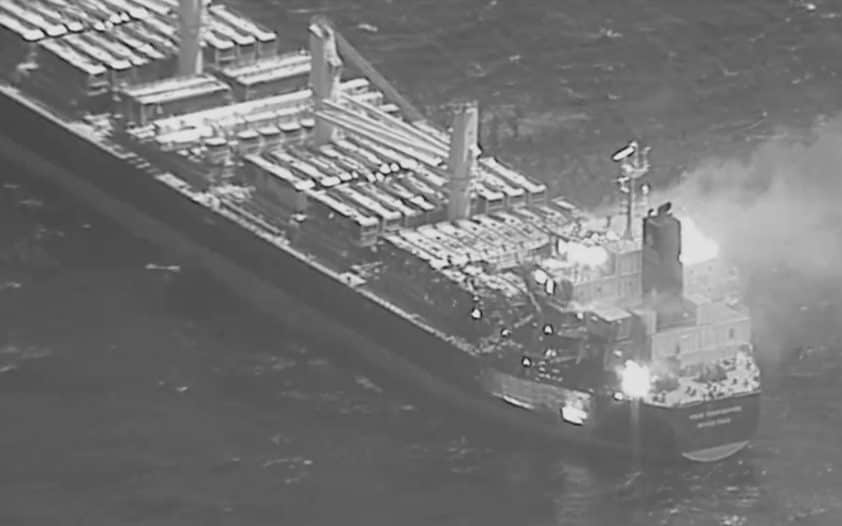 Bulk carrier True Confidence after a Houthi missile attack in the Gulf of Aden, March 6. The seas around the Bab-el-Mandeb strait remain an active warzone