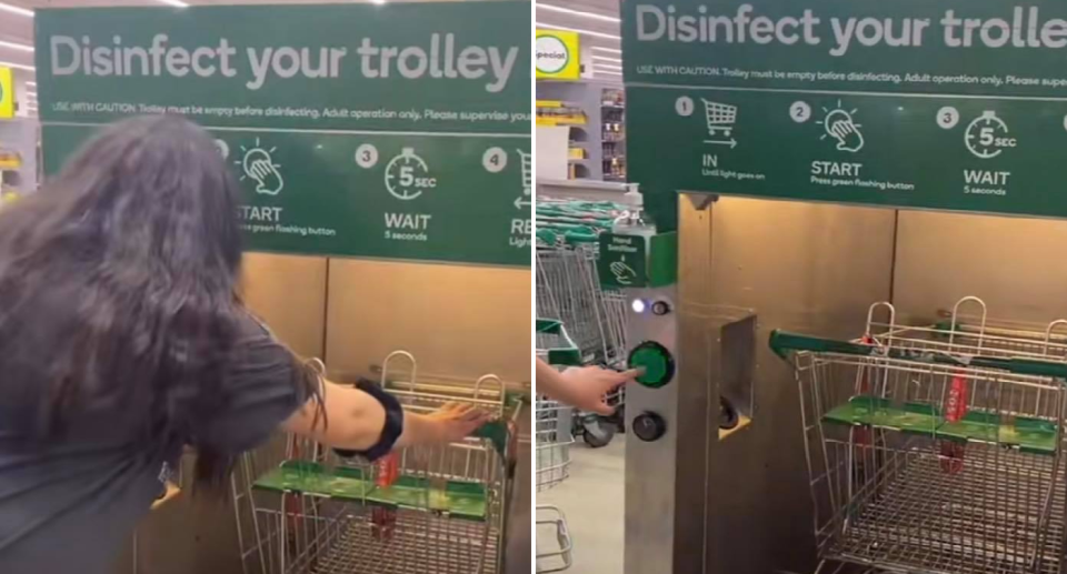 Woman pushing trolley into disinfection machine at Woolworths. Source: TikTok/@shereenchadoud