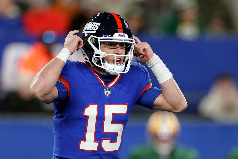 New York Giants quarterback Tommy DeVito (15) in action against the Green Bay Packers during an NFL football game Monday, Dec. 11, 2023, in East Rutherford, N.J. The Giants won 24-22.