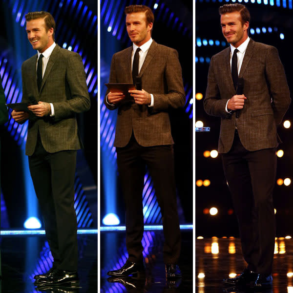 <b>David Beckham </b><br><br>The footballer looked dapper in a tweed suit and brogue shoes as he presented an award on stage.<br><br>© PA