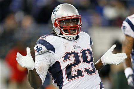 Dec 22, 2013; Baltimore, MD, USA; New England Patriots running back LaGarrette Blount (29) celebrates his touchdown run against the Baltimore Ravens at M&T Bank Stadium. Mandatory Credit: Mitch Stringer-USA TODAY Sports