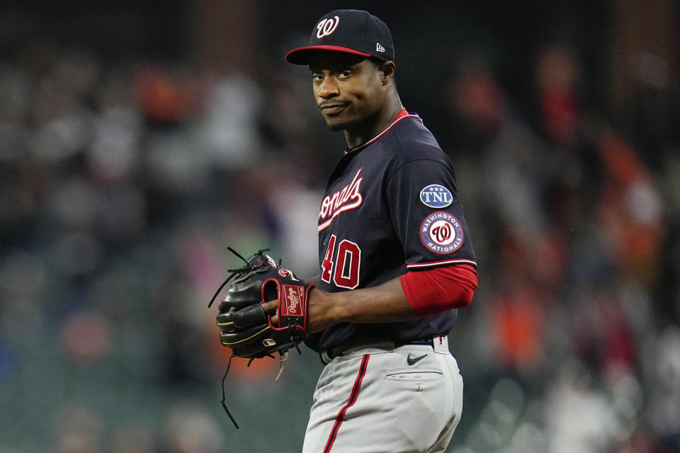 Washington Nationals starting pitcher Josiah Gray reacts after allowing a leadoff solo home run to Baltimore Orioles' Gunnar Henderson during the first inning of a baseball game, Tuesday, Sept. 26, 2023, in Baltimore. (AP Photo/Julio Cortez)