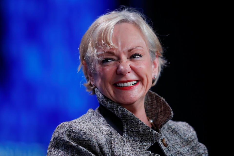 Christine McCarthy, Senior Executive Vice President and Chief Financial Officer, The Walt Disney Company smiles as she speaks during the Milken Institute&#39;s 22nd annual Global Conference in Beverly Hills, California, U.S., April 29, 2019.  REUTERS/Mike Blake