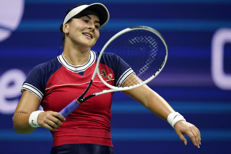 FILE - Bianca Andreescu, of Canada, reacts between points during the first round of the U.S. Open tennis championships, Tuesday, Aug. 31, 2021, in New York. Andreescu, the 2019 U.S. Open champion, is going to take a mental break from tennis and sit out the start of next season, including the Australian Open, saying Monday, Dec. 6, 2021, she wants to “re-set, recover, and grow” after a “challenging” two years that included getting COVID-19.(AP Photo/Frank Franklin II, File)