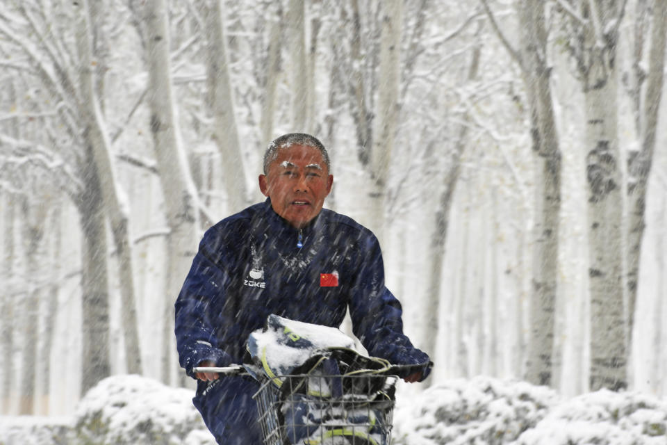 In this photo released by Xinhua News Agency, a man rides a bicycle through heavy snow fall in Shenyang, northeast China's Liaoning Province, on Monday, Nov. 6, 2023. Heavy snow blanketed swaths of China's northeastern region, shutting schools and halting transportation in the first major snowstorm of the season. (Yang Qing/Xinhua via AP)