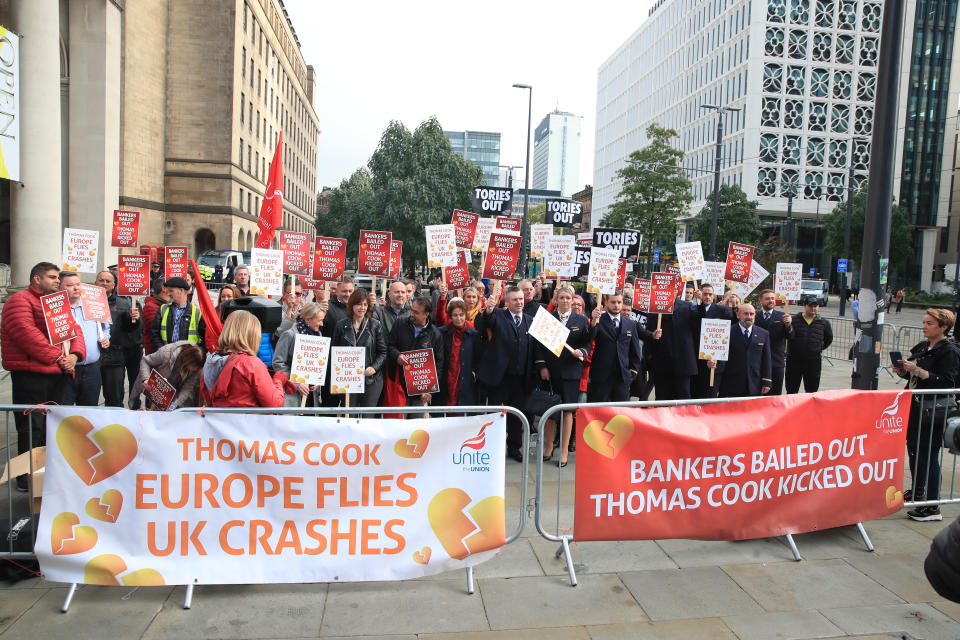 Former Thomas Cook cabin crew and staff protesting outside the Manchester Convention Centre at the Conservative Party Conference. (Photo by Peter Byrne/PA Images via Getty Images)