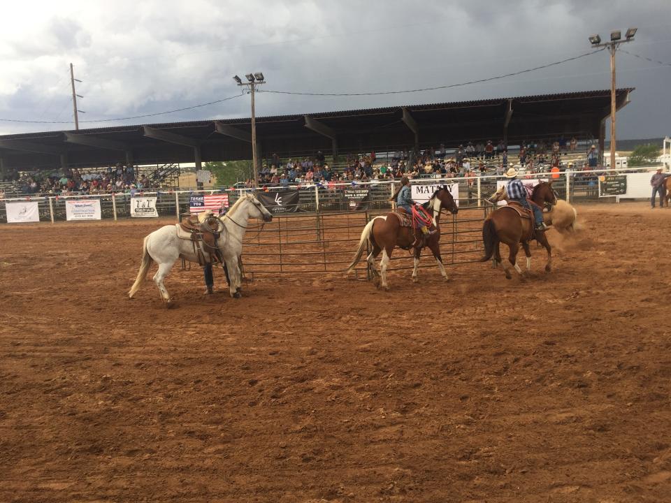 Contestants during the Smokey Bear Stampede Youth Ranch Rodeo get ready to unsaddle some horses on July 2, 2023 in Capitan.