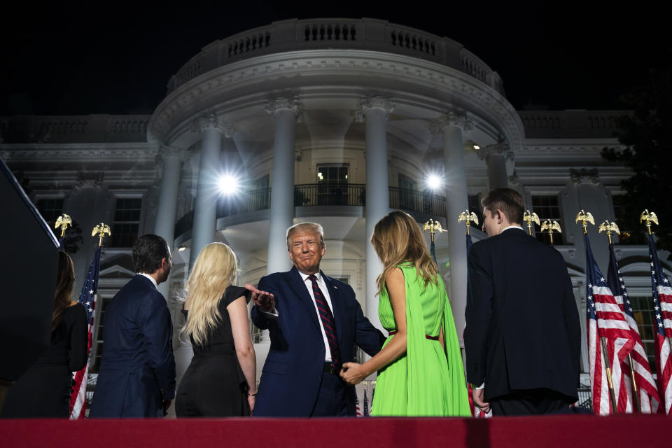 The president and his family standing before the White House &mdash; a federal government building they used as a prop for his personal political gain &mdash; during the GOP convention.   (Photo: AP Photo/Evan Vucci)