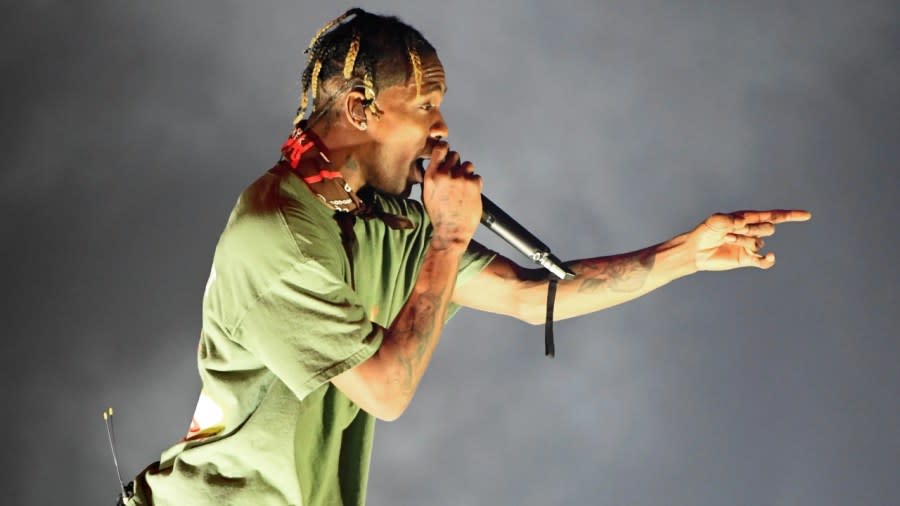 Recording artist Travis Scott performs during a stop of his “Astroworld: Wish You Were Here” tour at T-Mobile Arena on Feb. 6, 2019, in Las Vegas. He reportedly brought Kanye West out as a surprise guest during a concert in Rome on Monday. (Photo by Ethan Miller/Getty Images)