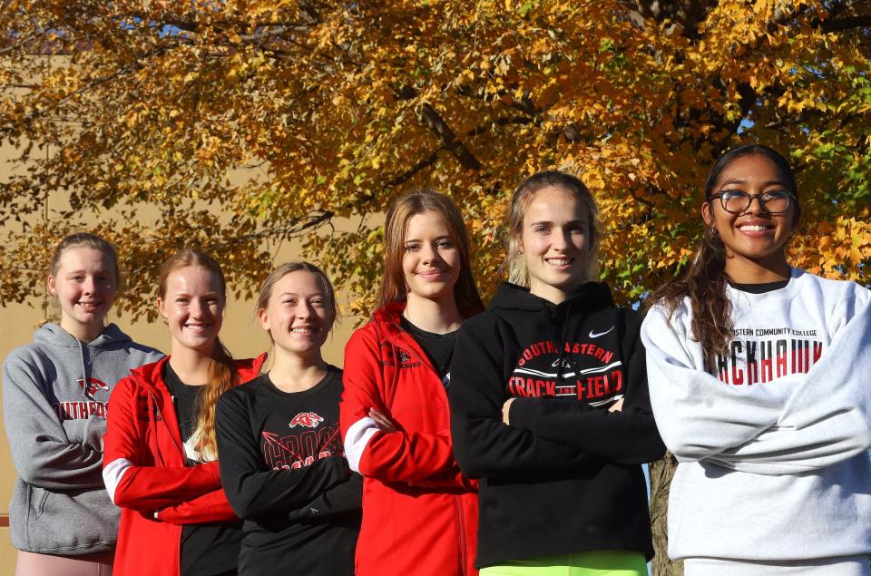 SCC women's cross country runners are, from front to back, Aisha Ramone, Allie Simpson, Carissa Mackey, Brooklyn Moehle, Cassidy Yaley and Lauren King Wednesday on the campus in West Burlington.