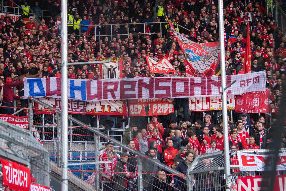 Bayern Munich fans' "Hurensohn" banner from Saturday's match at Hoffenheim has been the flashpoint of growing controversy. (Photo by Tom Weller/picture alliance via Getty Images)