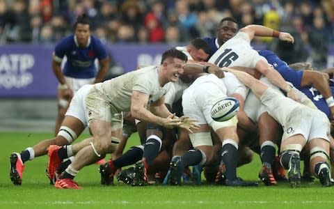 Tom Curry tries to get the ball away quickly from the base of an England scrum - Credit: GETTY IMAGES