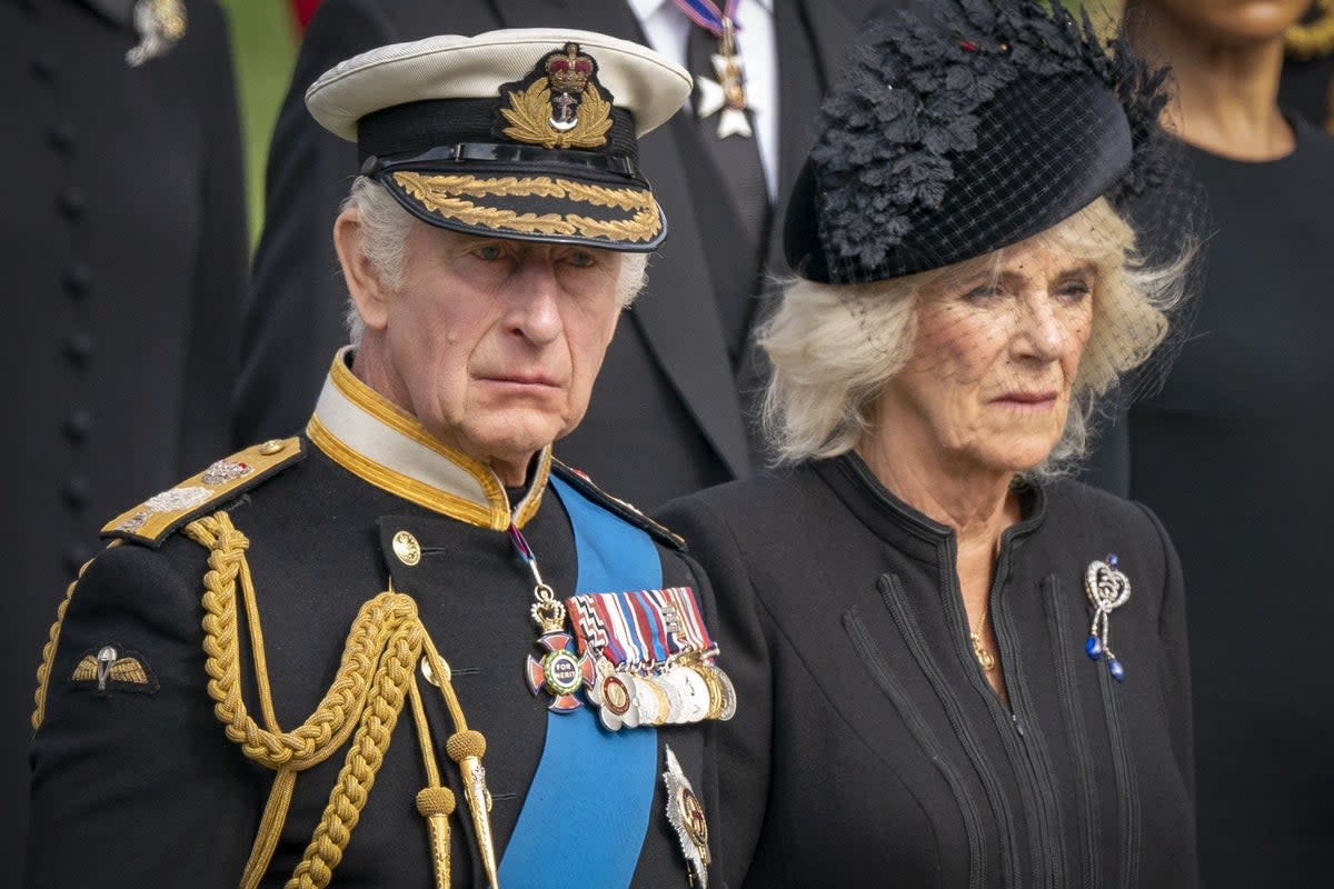 King Charles III and the Queen Consort look on at the funeral for the Queen (Jane Barlow/PA) (PA Wire)