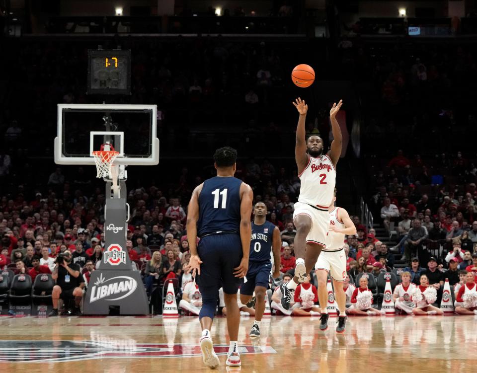 Feb. 23, 2023; Columbus, Ohio, USA; Ohio State Buckeyes guard Bruce Thornton (2) attempts a shot at the buzzer from half-court during Thursday's basketball game against the Penn State Nittany Lions at Value City Arena.Mandatory Credit: Barbara J. Perenic/Columbus Dispatch