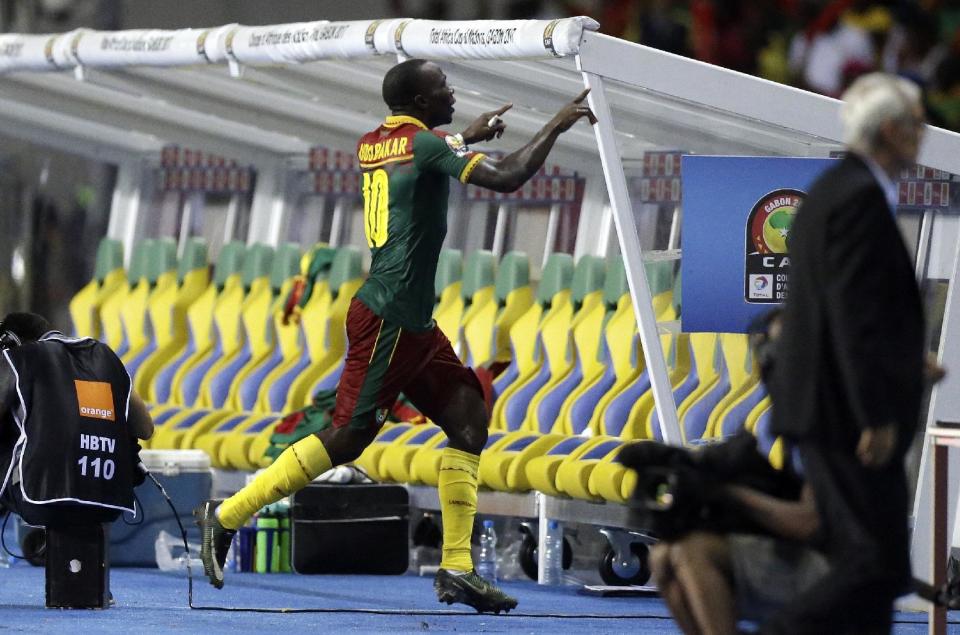 Cameroon's Vincent Aboubakar celebrates after scoring his side's second goal during the African Cup of Nations final soccer match between Egypt and Cameroon at the Stade de l'Amitie, in Libreville, Gabon, Sunday, Feb. 5, 2017. (AP Photo/Sunday Alamba)