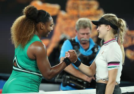 Tennis - Australian Open - Second Round - Melbourne Park, Melbourne, Australia, January 17, 2019. Serena Williams of the U.S. and Canada's Eugenie Bouchard shake hands after the match. REUTERS/Lucy Nicholson