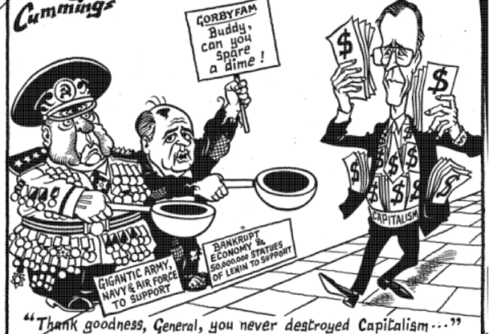 1990 cartoon depicting Gorbachev begging H.W. Bush for cash <span class="copyright">AP</span>