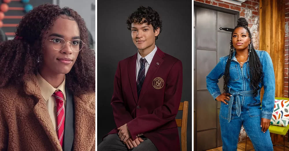 A split screen of three LGBTQ+ characters from three different TV series.