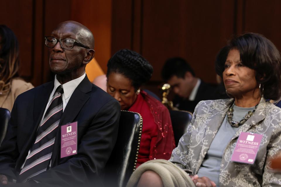 The parents of U.S. Supreme Court nominee Judge Ketanji Brown Jackson, Johnny Brown and  Ellery Brown, listen during their daughter's confirmation hearing before the Senate Judiciary Committee in the Hart Senate Office Building on Capitol Hill on March 22, 2022, in Washington, DC.